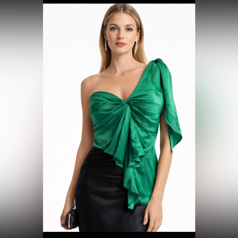 Cinq à Sept Silk One Shoulder Draped Knot Top Emerald Green Size S